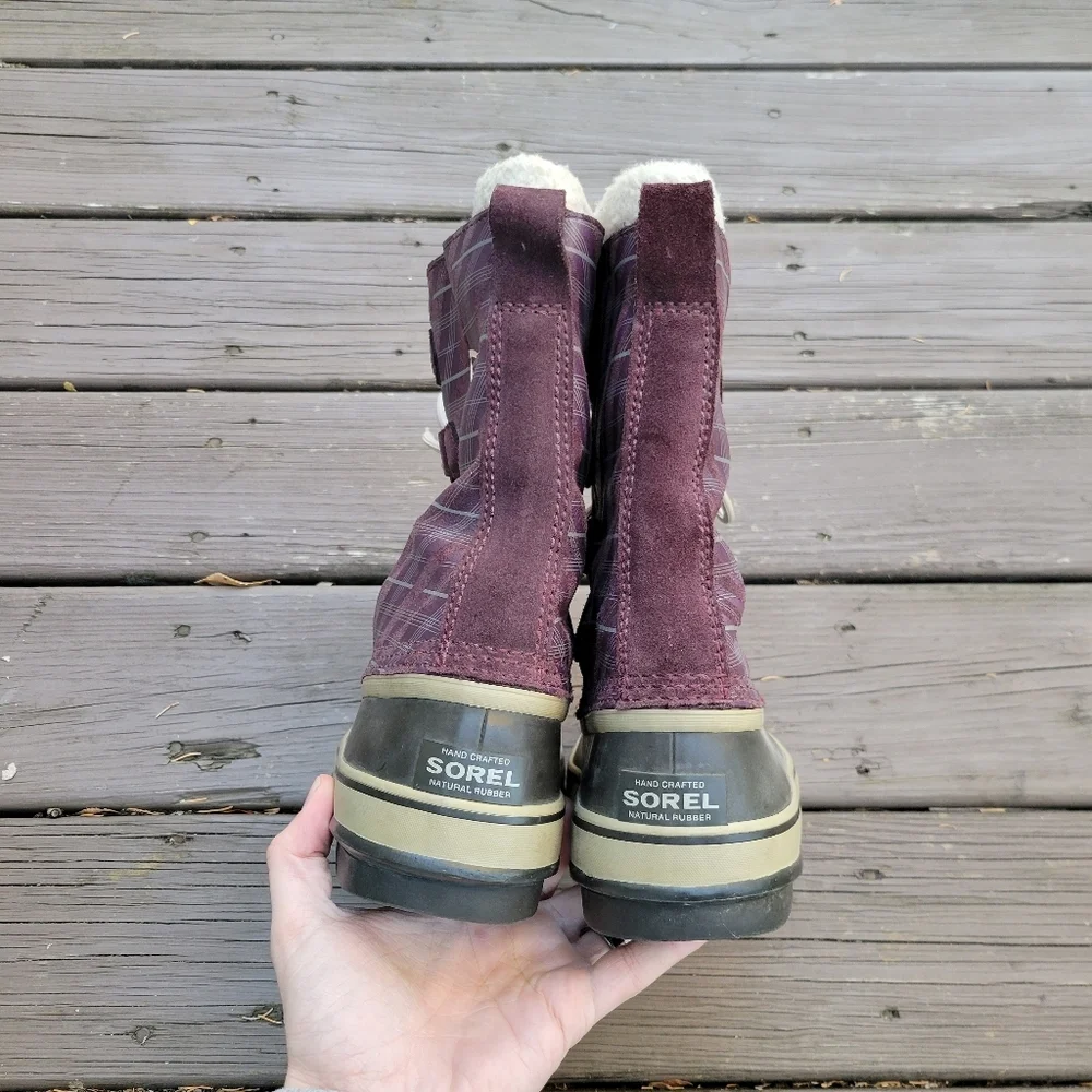 Sorel 1964 Pac Purple White Plaid Leather Sherpa Pile Winter Snow Duck Boots‎